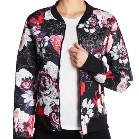 Bebe Floral Scuba Bomber Jacket - BLACK + Rose - Picture 3 of 3